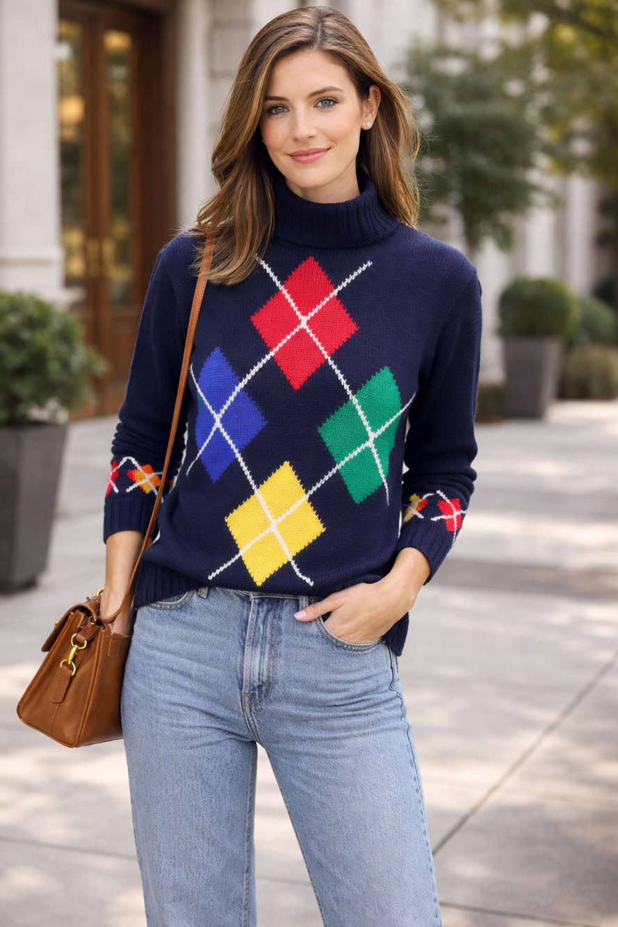 Vintage 90s Liz Sport Liz Claiborne Womens S Navy Argyle Preppy Crewneck Sweater